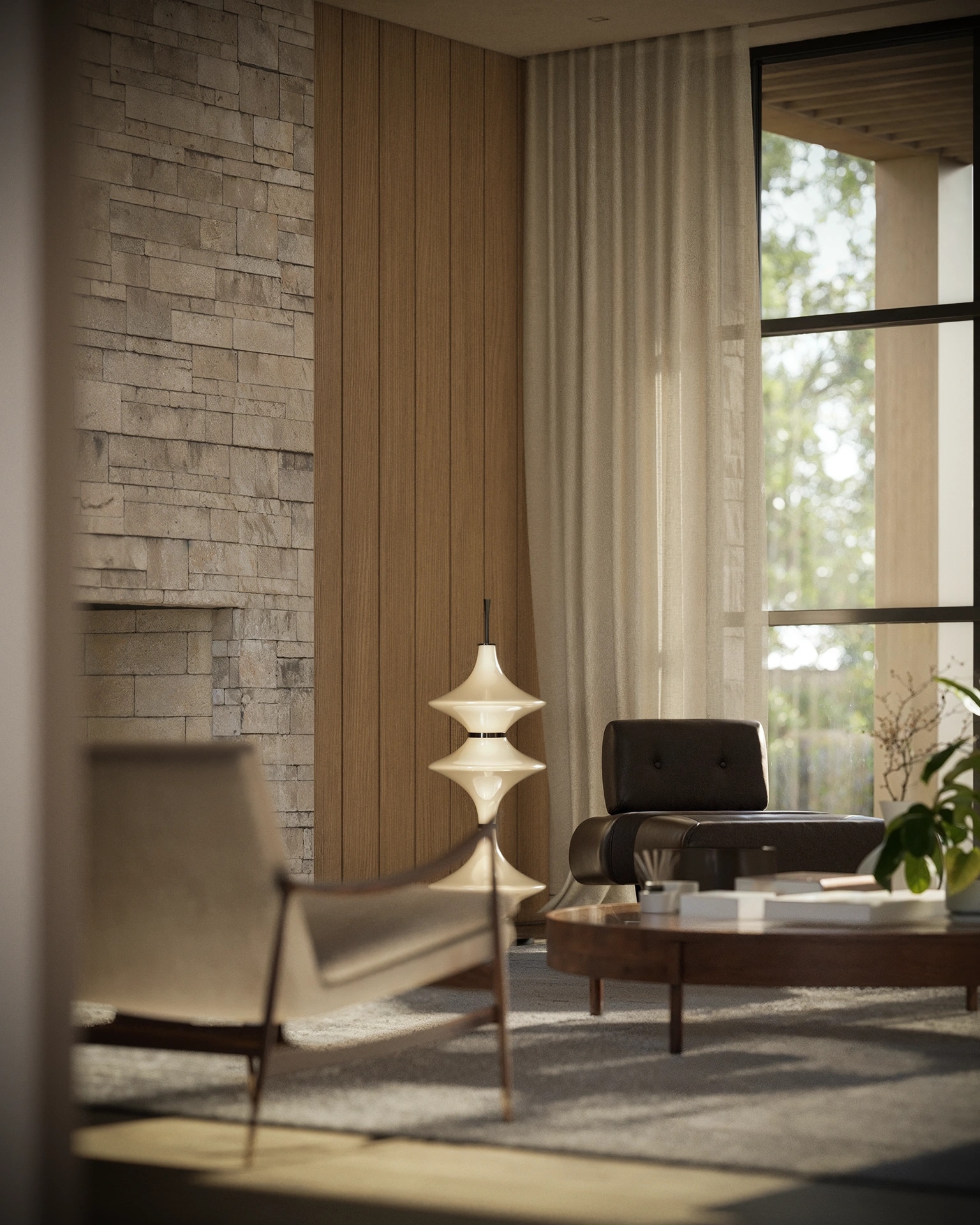 Family living at Elena House, with lounge chair, sculptural lamp and oak-lined walls