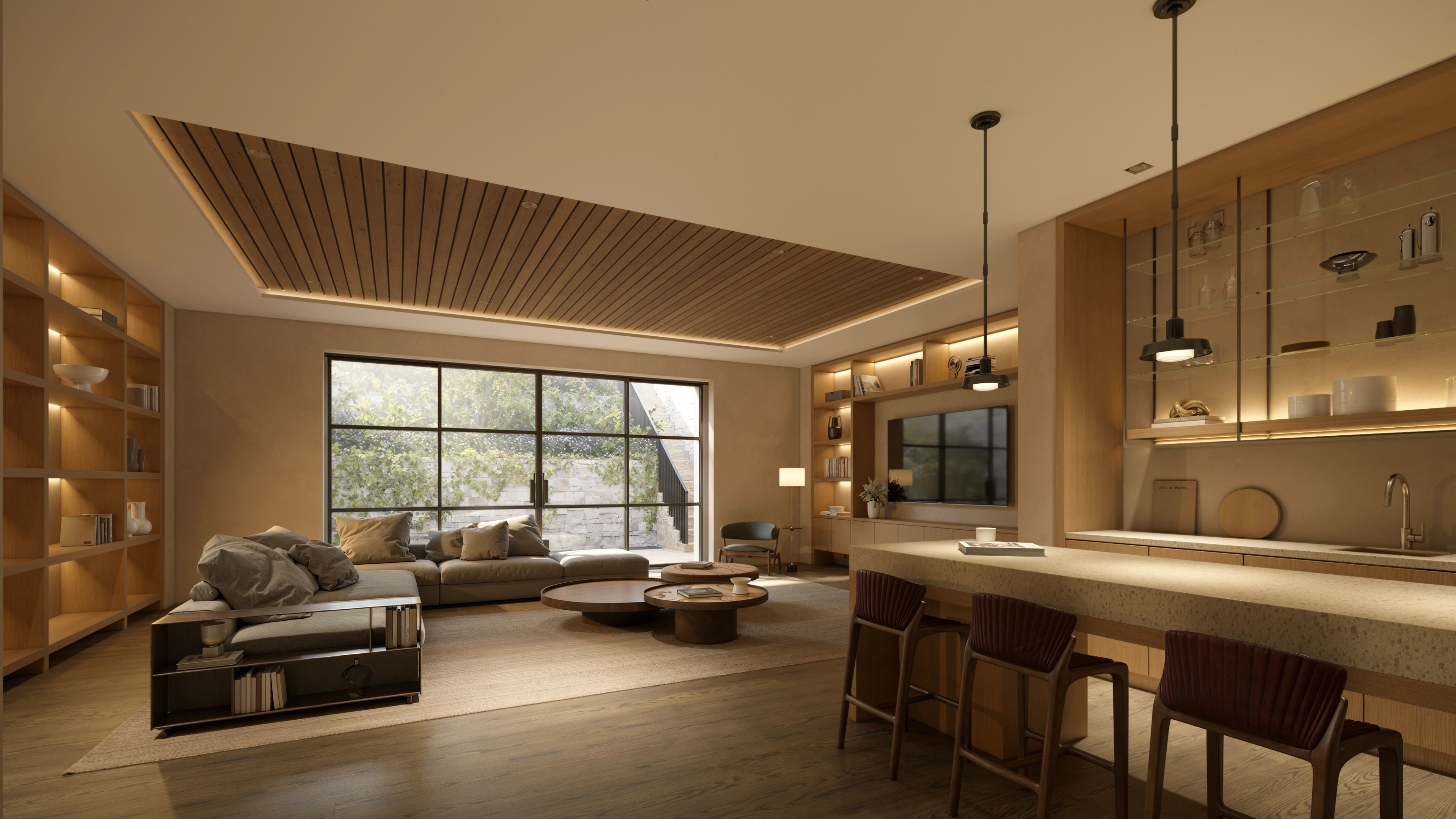 Basement lounge at Elena House, with oak ceiling, sofa and stone bar
