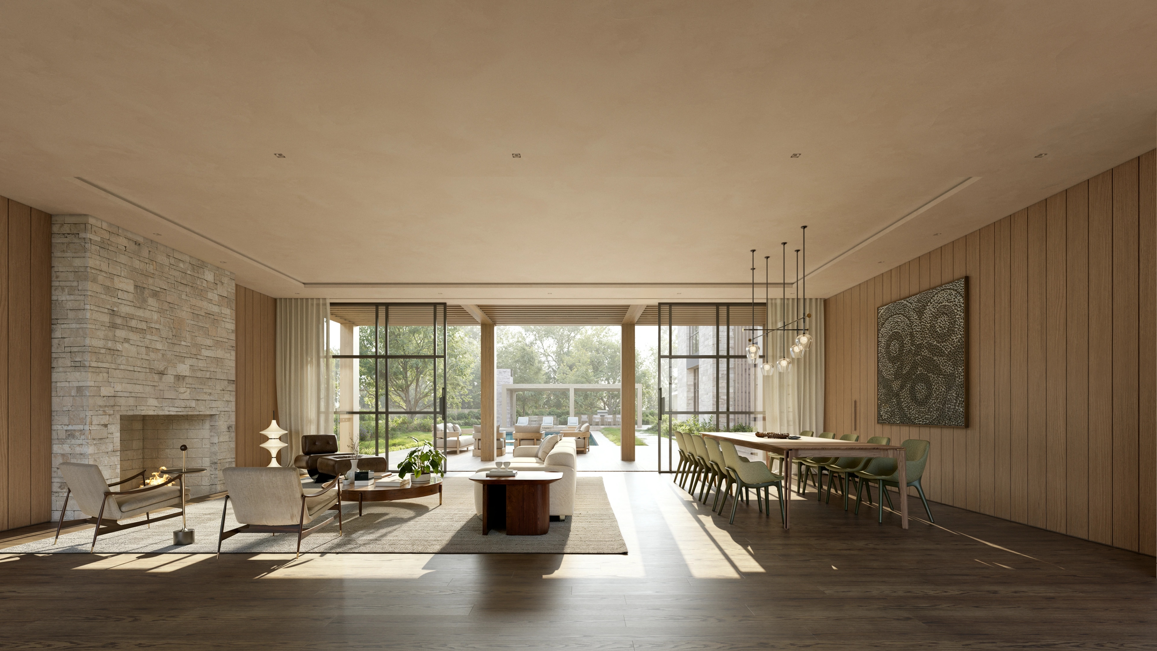 Dining and living at Elena House, with fireplace, oak table and garden beyond