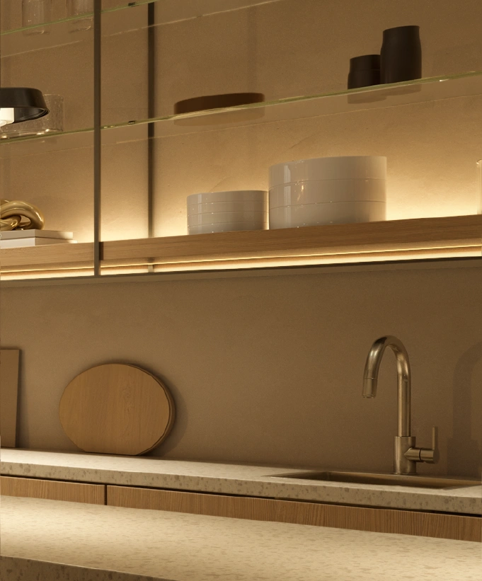 Wet bar at Elena House, with glass shelves, stone counter and faucet