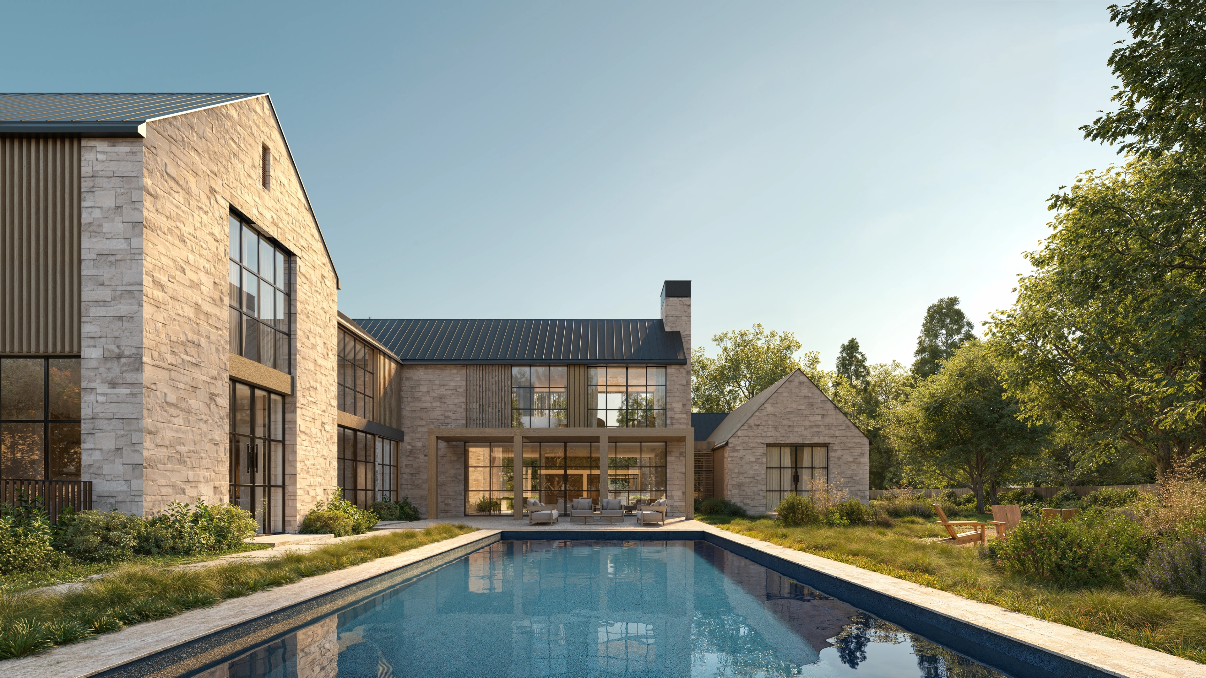Pool and stone volumes of Elena House at dusk, with oaks to the right